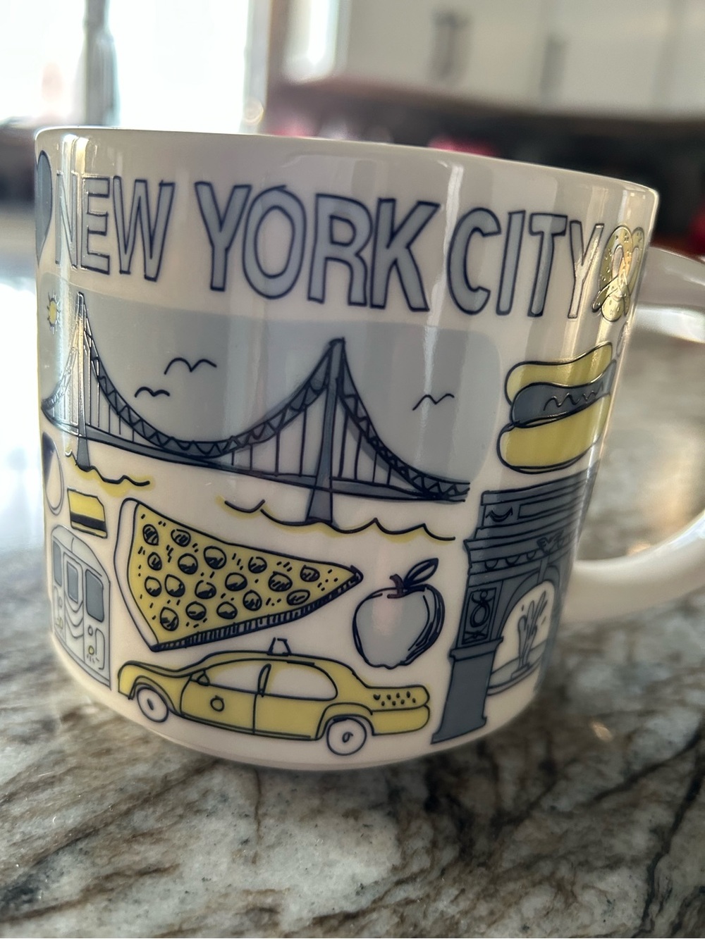Starbucks White Ceramic New York City Mug with Yellow and Navy Icons